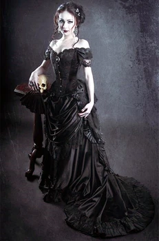 בציר ויקטוריאני ההמולה שמלות חתונה שחור גותי שמלות כלה רכבת משפט מחוץ כתף המחוך Vestido De נוביה בהזמנה אישית